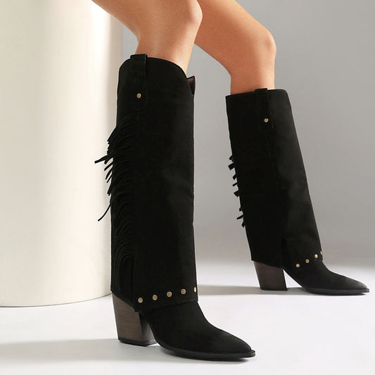 Winterstiefel Damen Western-Style mit Nieten und Fransen, Blockabsatz