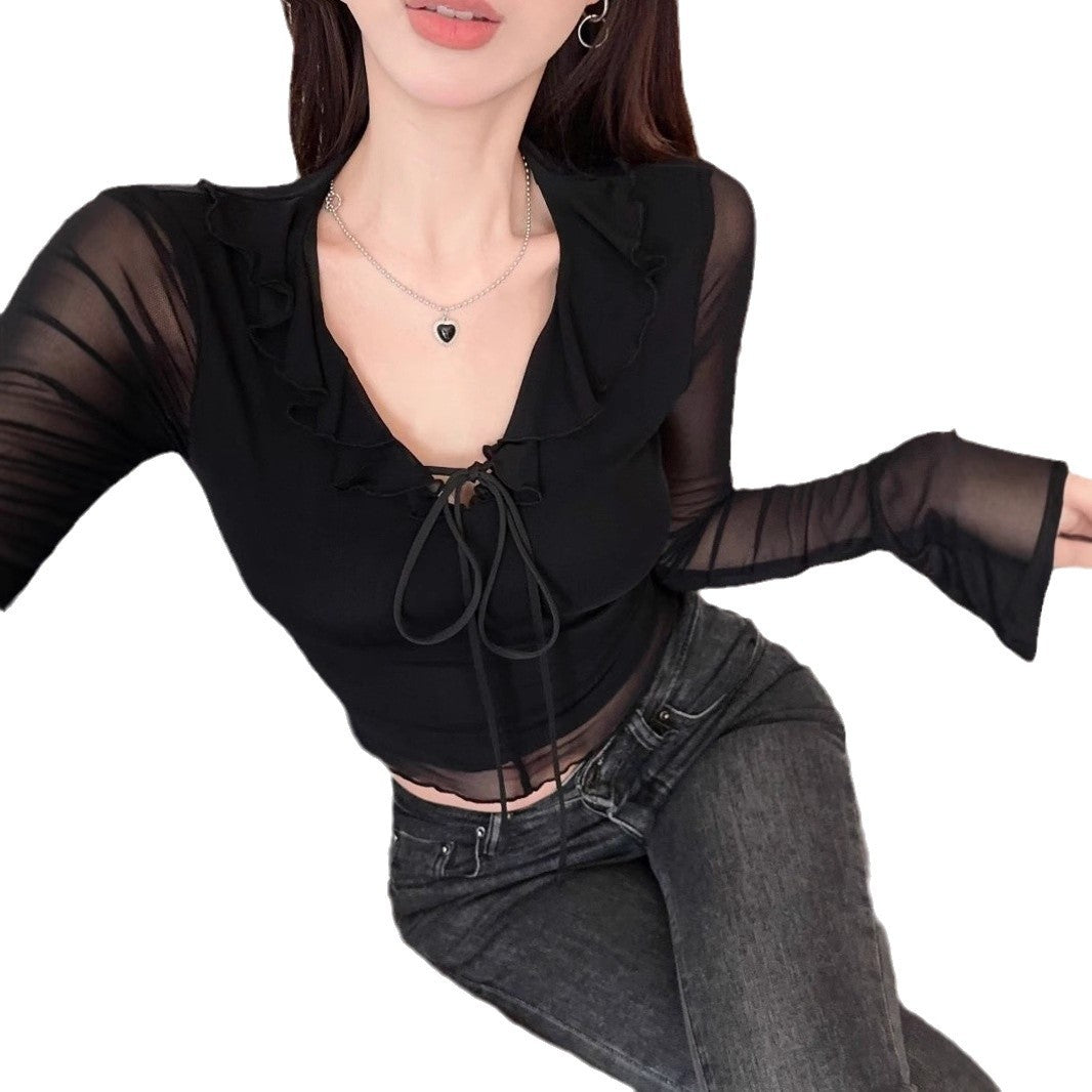 Bluse mit Rüschen-Netzkragen, schwarz, Slim Fit für Damen