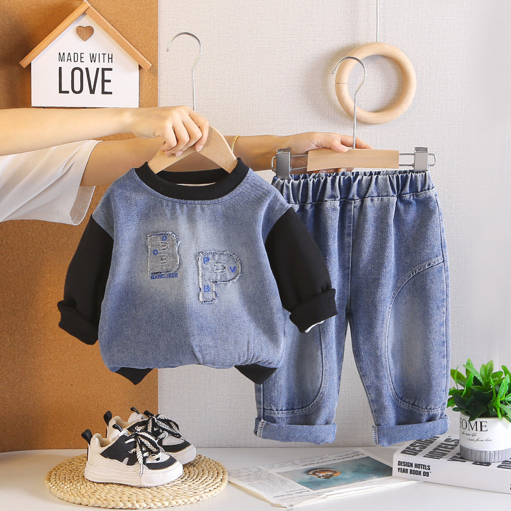 Baby autumn casual round neck long sleeved hoodie two-piece set