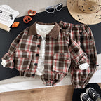 Casual collar plaid long sleeved three piece set