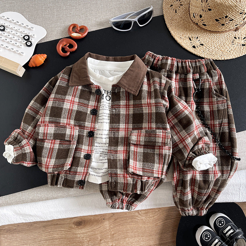 Casual collar plaid long sleeved three piece set