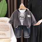 Spring and Autumn Checkered Coat Long Sleeve Three Piece Set