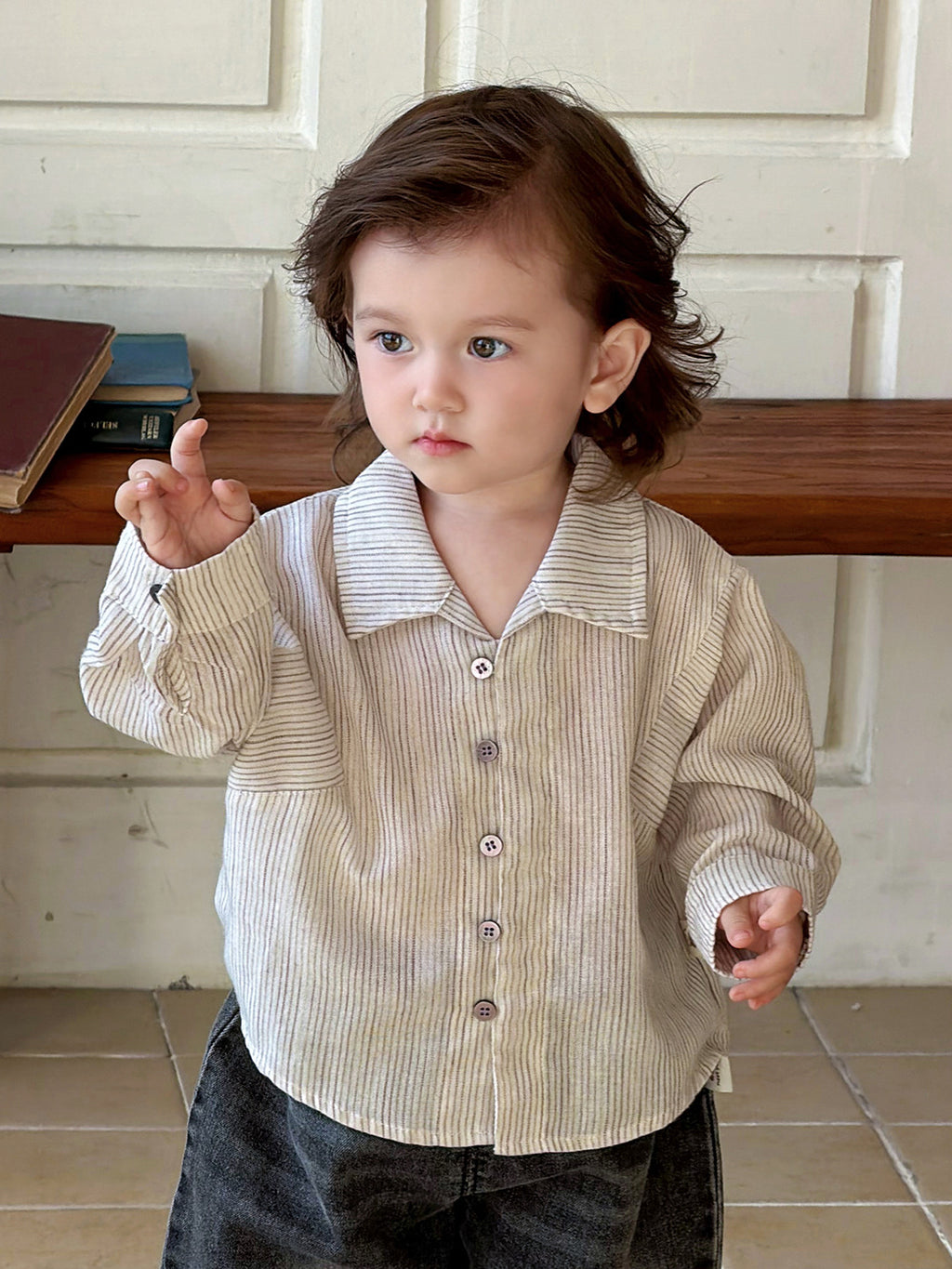 Long Sleeve Shirt Set for Boys Casual Stripe Outfit Kids Denim Pants Two-Piece Set