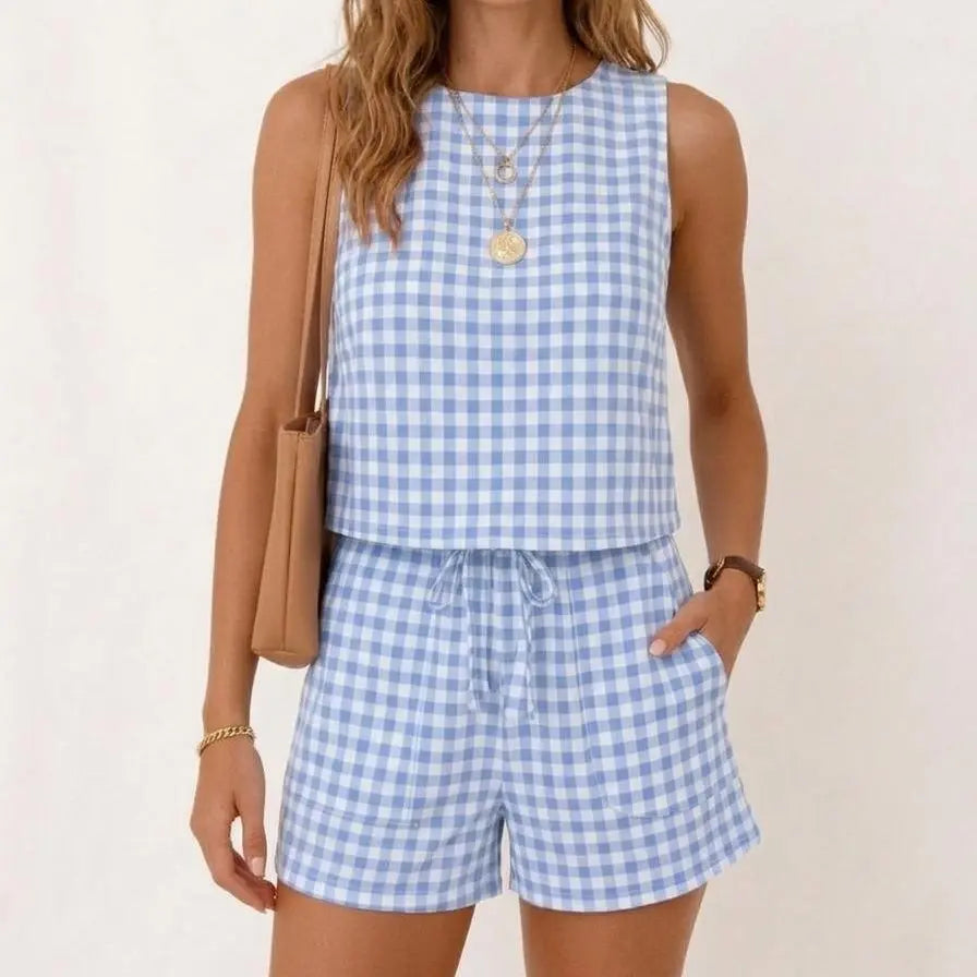 IDEALSANXUN Womens Gingham Two Piece Sets Spring Summer Beach Vacation Outfits Pajama Sets Ribbed Matching