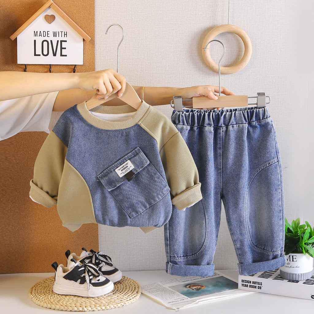 Casual patchwork hoodie long sleeved two-piece set