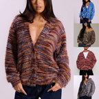 Fashionable Vintage Deep V-Neck Melange Fleece Long Sleeve Cardigan