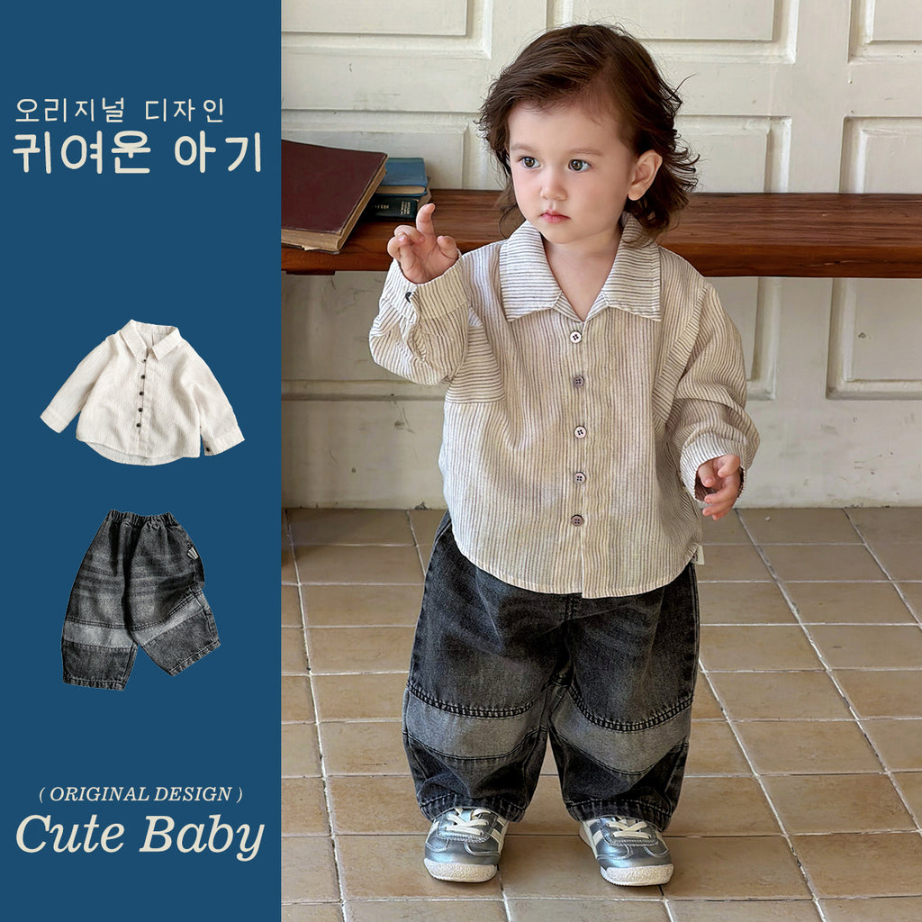 Long Sleeve Shirt Set for Boys Casual Stripe Outfit Kids Denim Pants Two-Piece Set