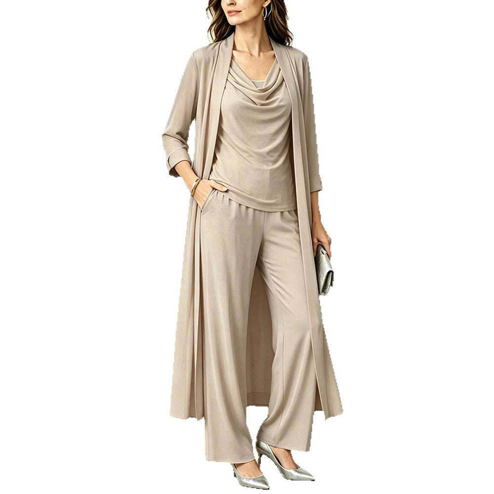 Long sleeved swing collar top long cardigan jacket long pants three piece set