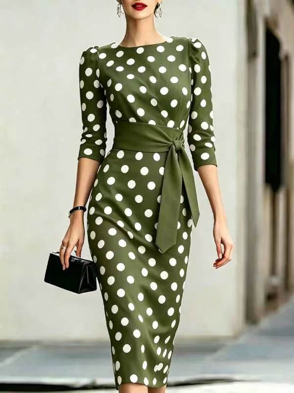 Eleganter Polka-Dot Midikleid mit Taillengürtel – Ansicht 11