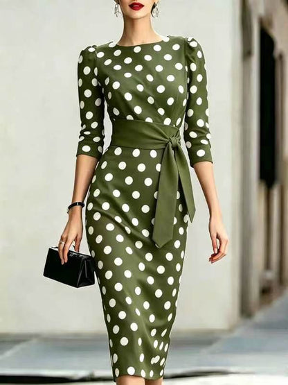 Eleganter Polka-Dot Midikleid mit Taillengürtel – Ansicht 11
