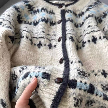Vintage Jacquard Strickcardigan mit Rundhalsausschnitt für Damen, gefütterter Norweger-Pullovermantel mit Einzelknopf, stylisches Herbst-Winter-Top