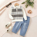 Plaid Polo Set for Boys, Long Sleeve  Top with Jeans Pants Two-Piece Outfit