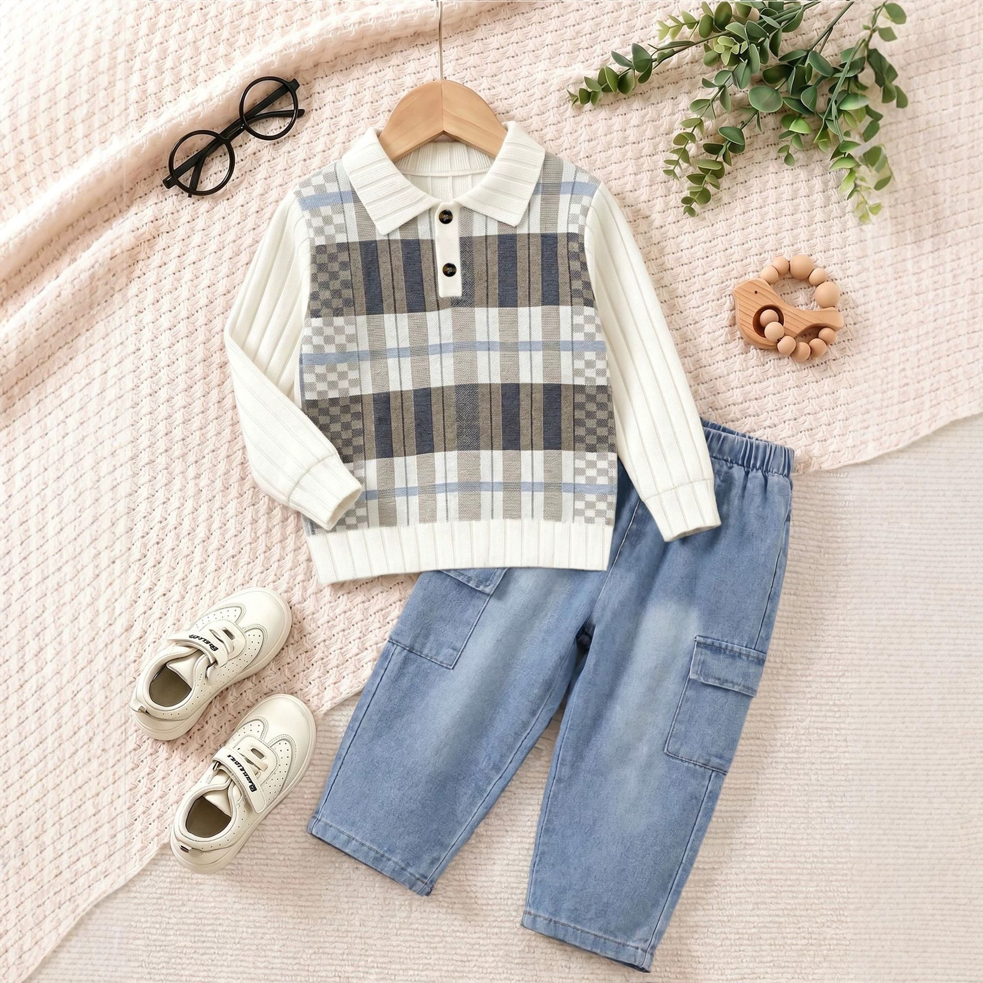 Plaid Polo Set for Boys, Long Sleeve  Top with Jeans Pants Two-Piece Outfit