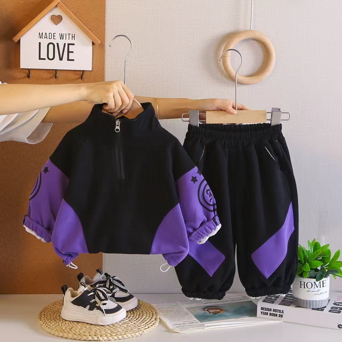 Children's Spring and Autumn Baby Half Zipper Long Sleeve Hoodie Two Piece Set