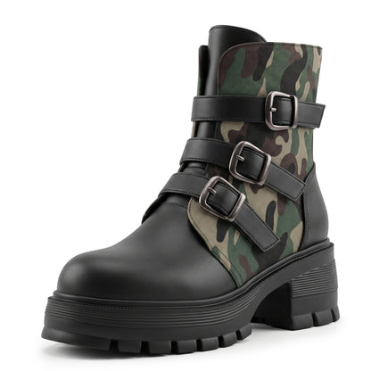 High Heel Stiefeletten mit Blockabsatz, Schnalle und Camouflage für Damen