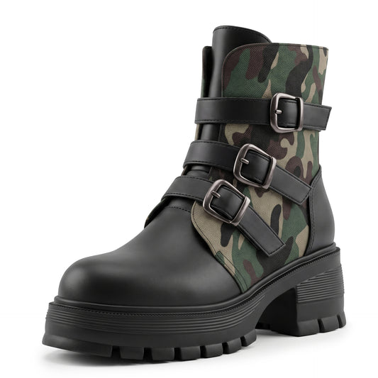 High Heel Stiefeletten mit Blockabsatz, Schnalle und Camouflage für Damen