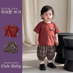 Burgundy Plaid Short Sleeve T-Shirt  Length Cuffed Pants Set for Boys