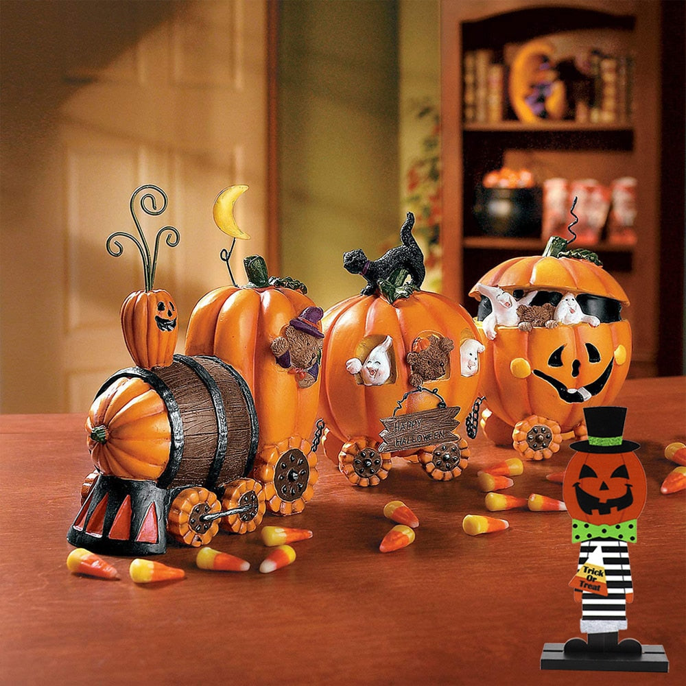 Halloween Tischdeko aus Holz mit Kürbismann und Hexe – Ansicht 1