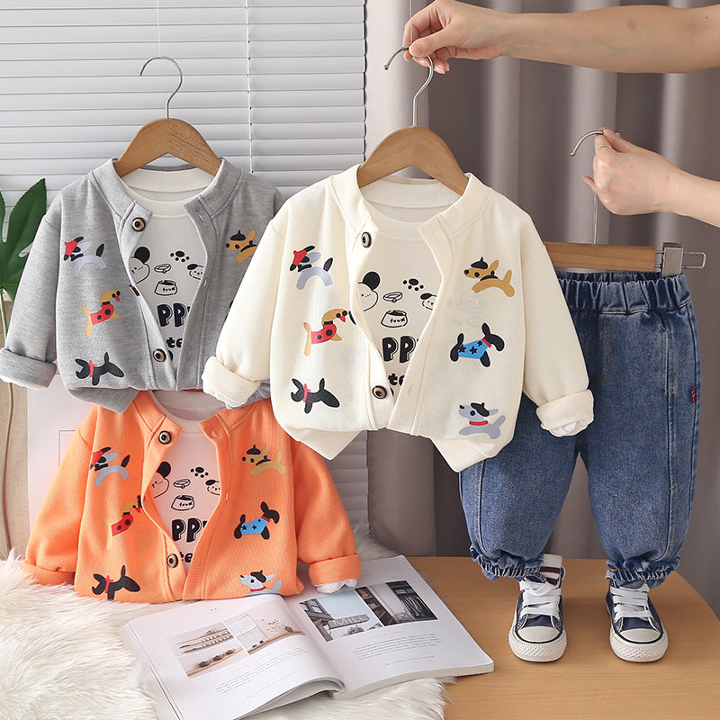 Children's cartoon cardigan long sleeved three piece set