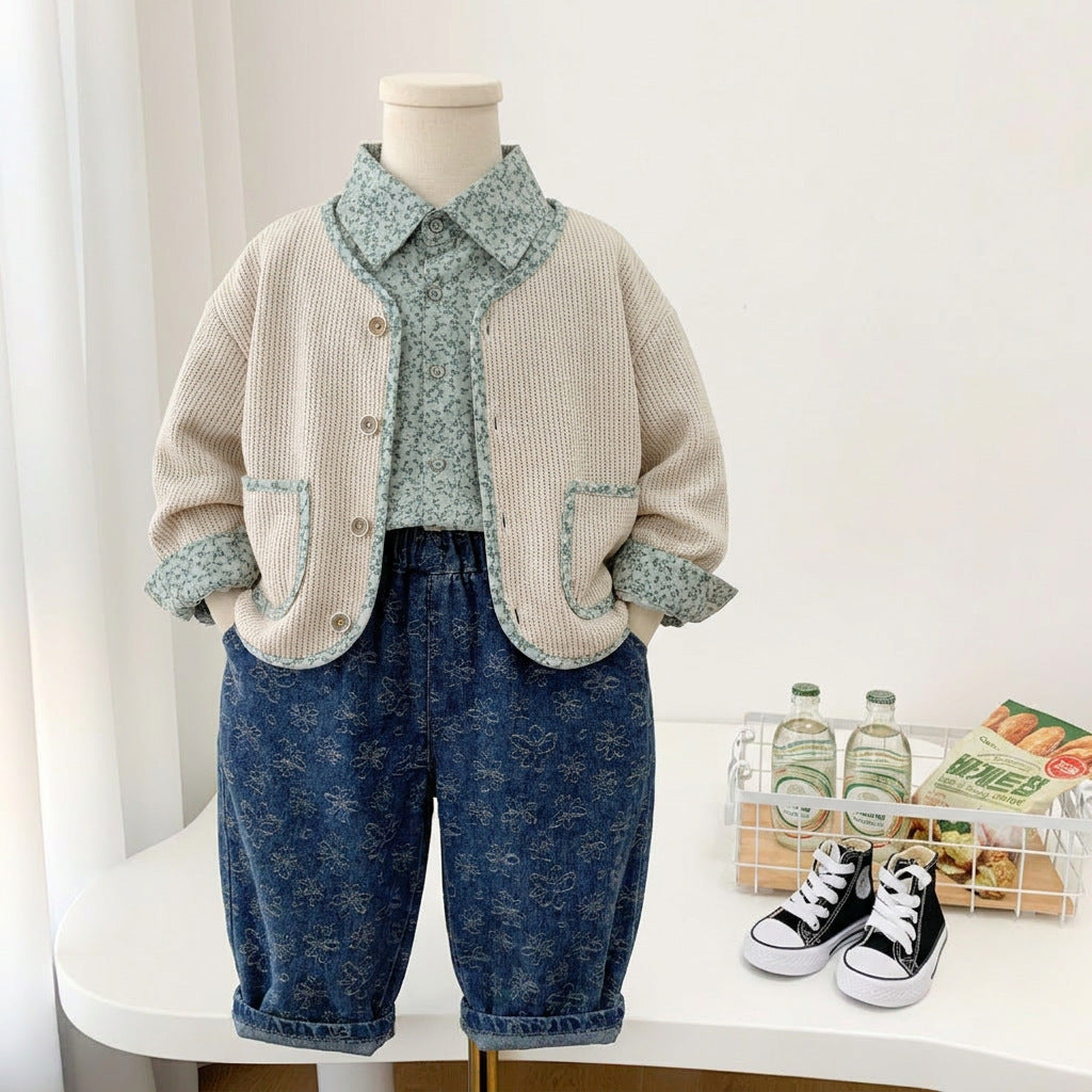 Children's clothing spring and autumn cardigan shirt three piece set