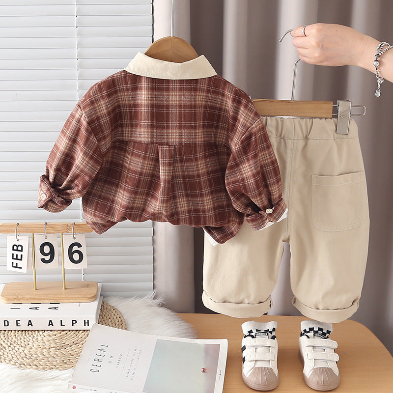 Checkered shirt long sleeved three piece set for baby and children's casual clothes