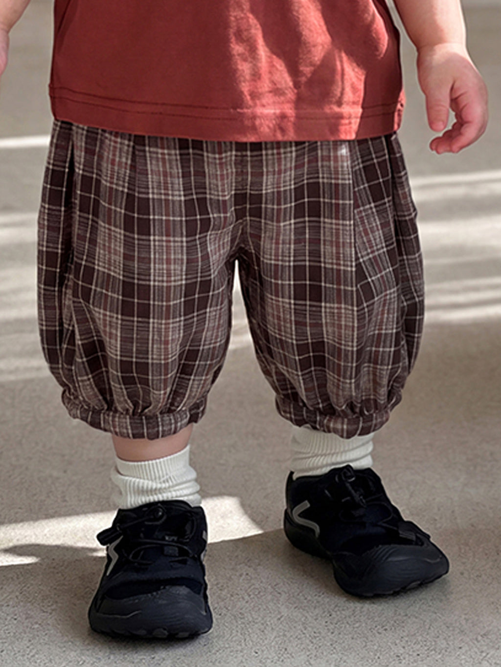 Burgundy Plaid Short Sleeve T-Shirt  Length Cuffed Pants Set for Boys