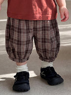 Burgundy Plaid Short Sleeve T-Shirt  Length Cuffed Pants Set for Boys
