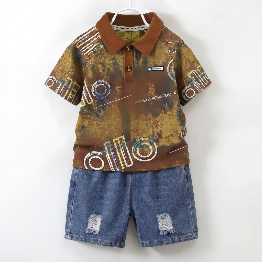 Boy's Short Sleeve Two-Piece Set Denim Shorts
