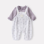 Long Sleeve Bodysuit with Bow Print Knit Overalls Set for Autumn