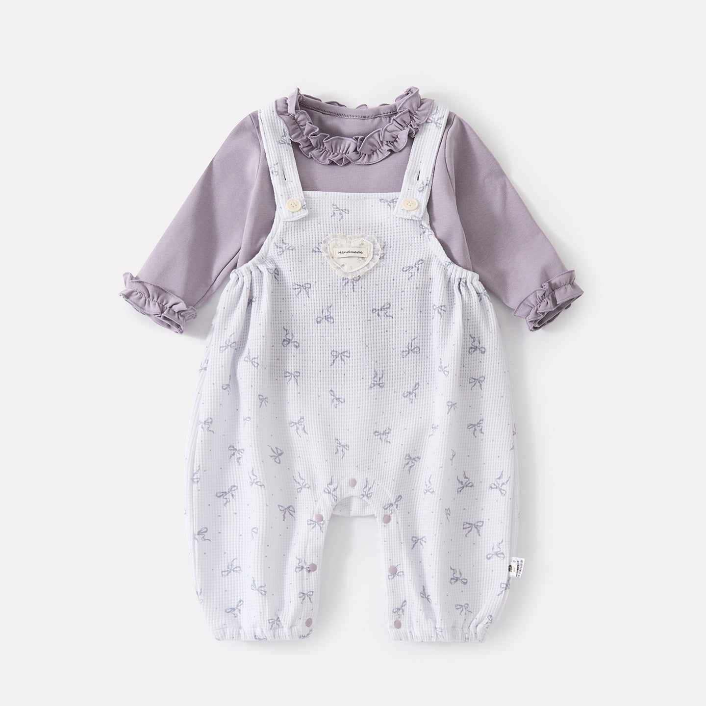 Long Sleeve Bodysuit with Bow Print Knit Overalls Set for Autumn