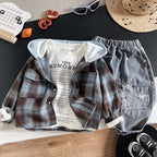 Children's plaid hooded long sleeved three piece set for babies
