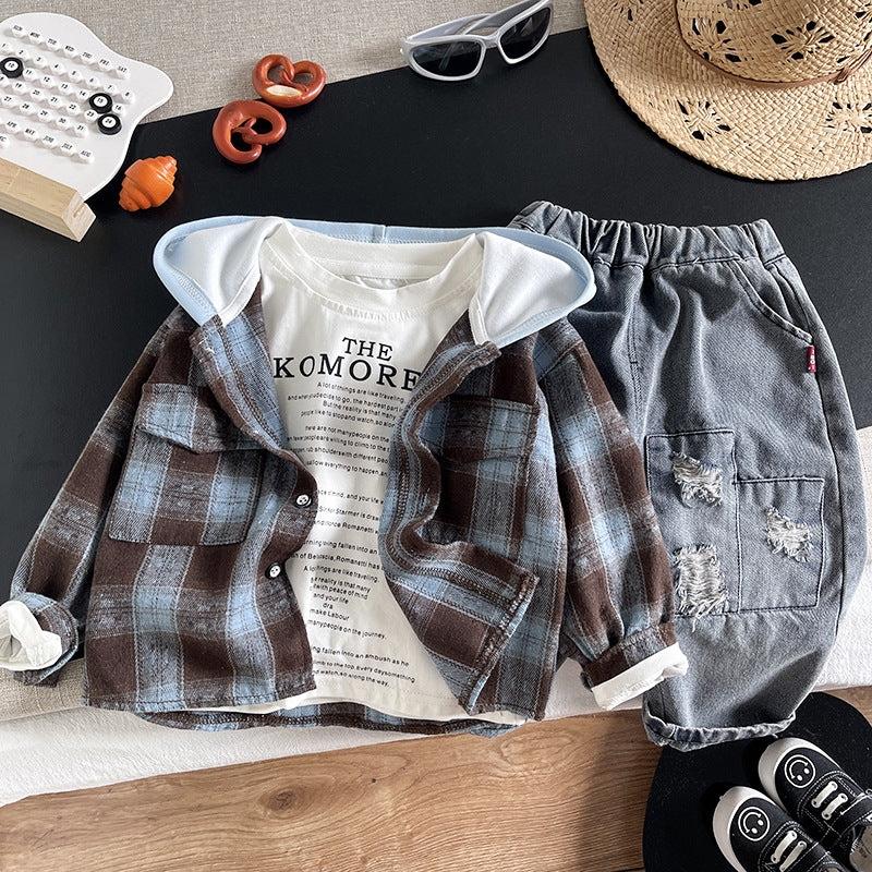 Children's plaid hooded long sleeved three piece set for babies