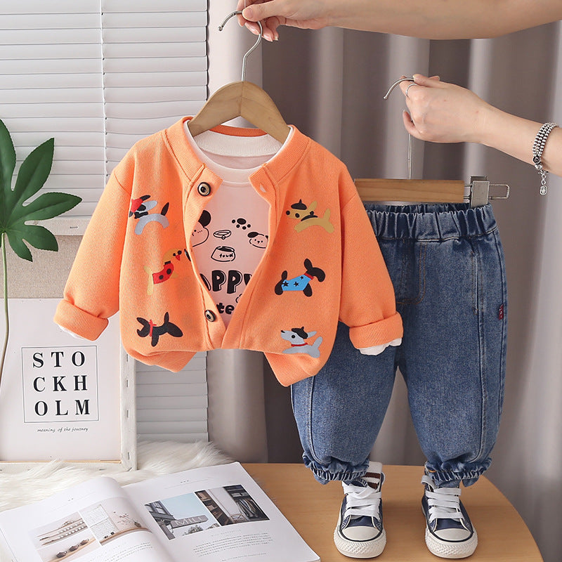 Children's cartoon cardigan long sleeved three piece set