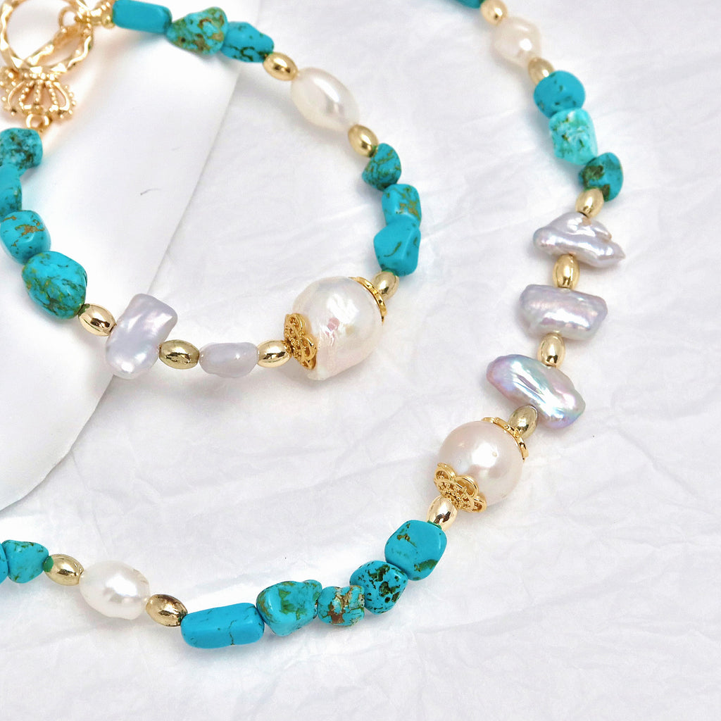 Freshwater Baroque Pearl Turquoise Beaded Bracelet Necklace, Natural Stone Bracelet, Original Design, Lightweight Luxury, Elegant Style