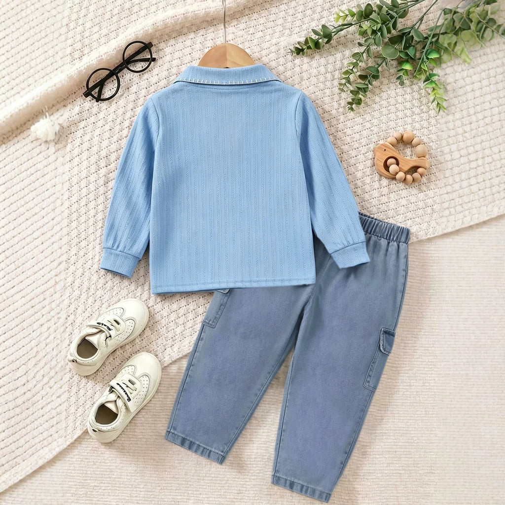 Boys' Casual Set with Embroidered Pony, Polo Shirt and Jeans Two-Piece Outfit
