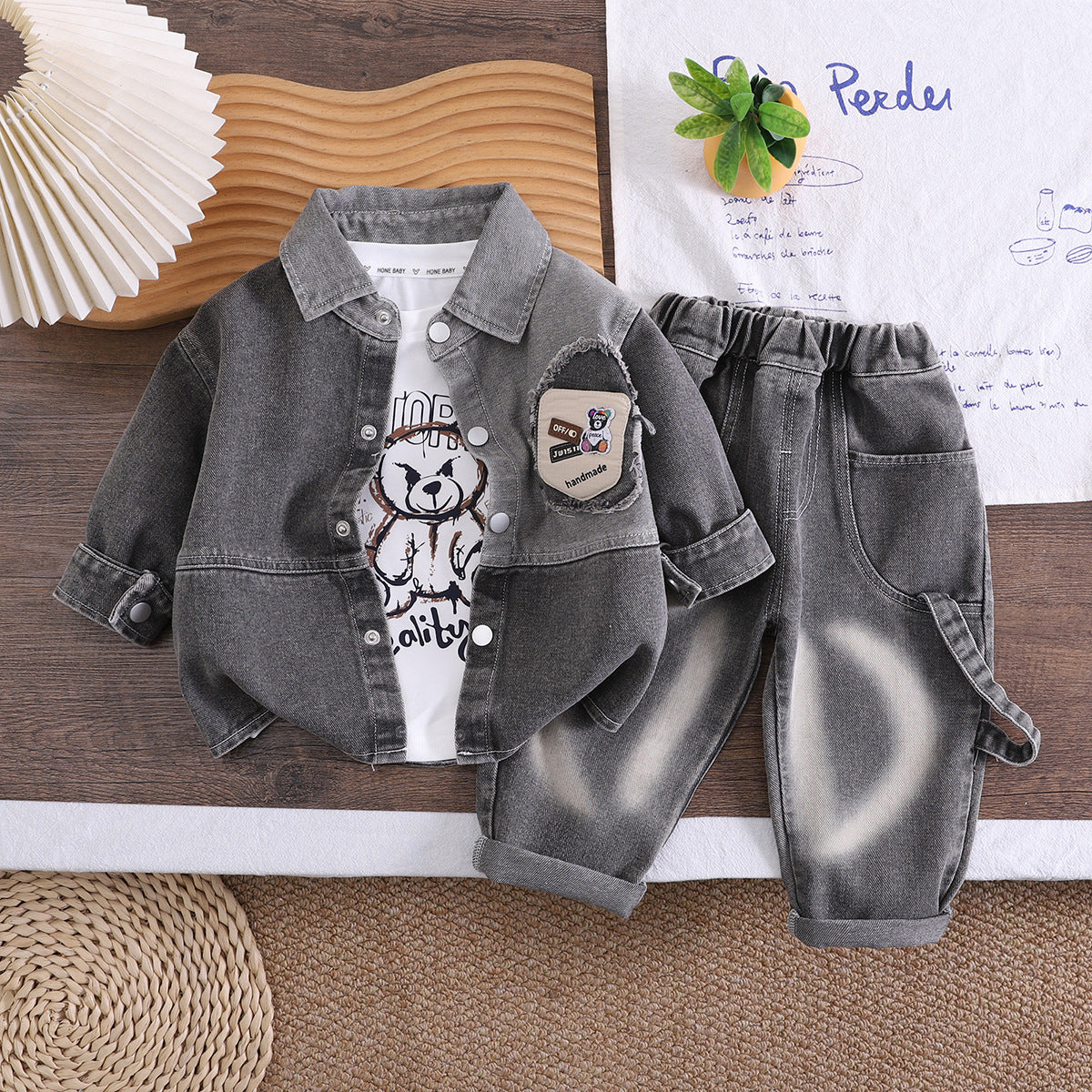 Baby and children's denim long sleeved three piece set