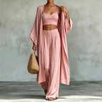 Loose cardigan short strap high waist wide leg pants set