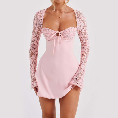 Y2K Spitzenkleid Langarm – Sexy Korsett Rückenfreies Minikleid – Ansicht 7