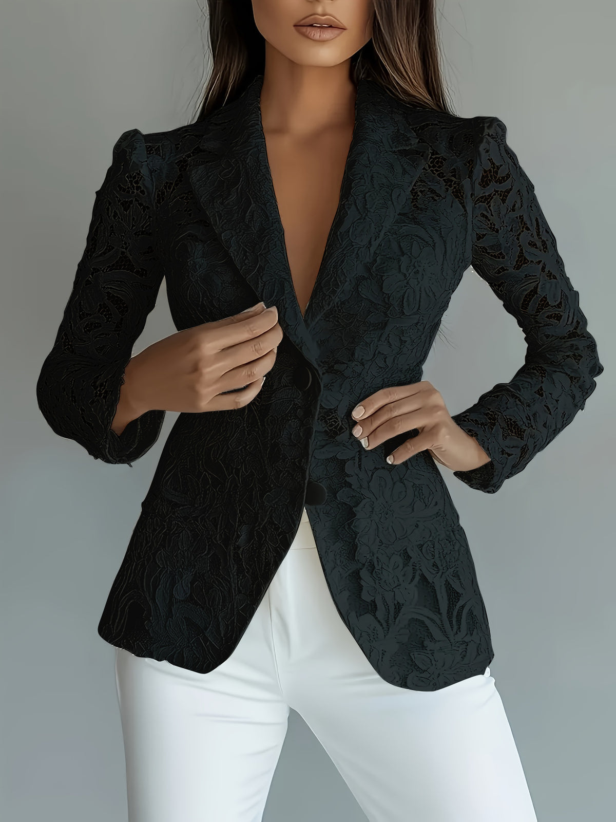 Eleganter Spitzen-Blazer für Damen mit V-Ausschnitt, transparent, Business-Casual