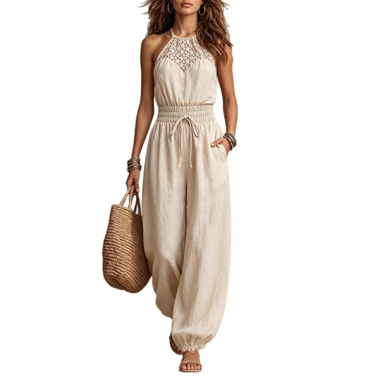 Bohemian Neckholder-Jumpsuit mit Spitze für den Strandurlaub, Bindeband-Taille und Beinabschluss mit Bündchen