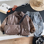Children's Spring and Autumn Leather Coat Vest Shoulder Bag Long Sleeve Three Piece Set