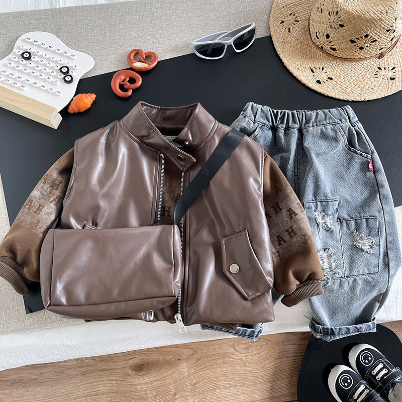 Children's Spring and Autumn Leather Coat Vest Shoulder Bag Long Sleeve Three Piece Set