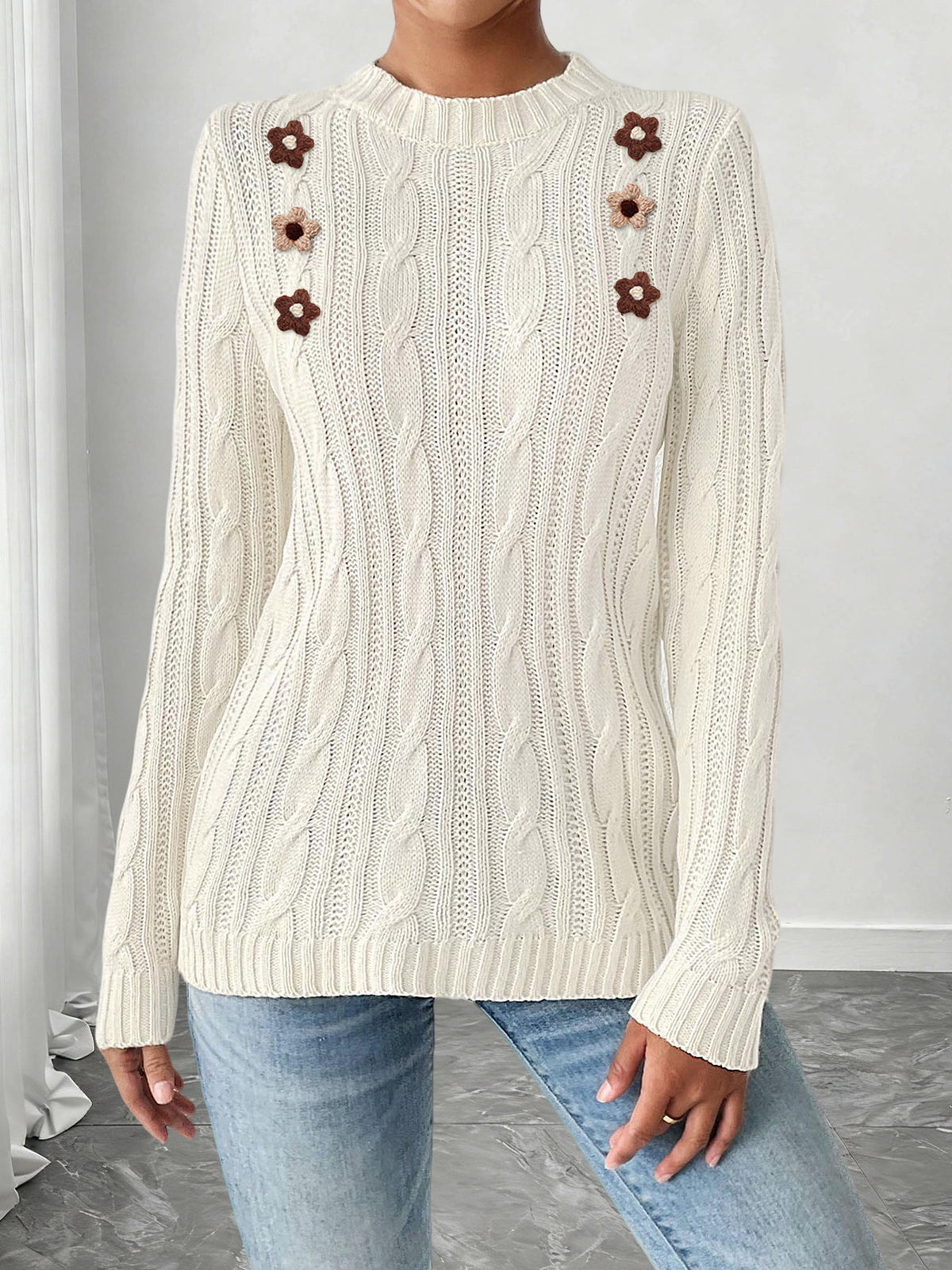 Strickpullover Damen Häkelblumen Patchwork Rundhals Basic