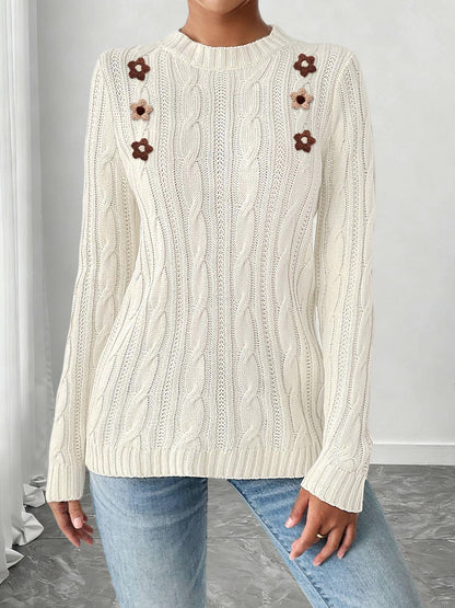 Strickpullover Damen Häkelblumen Patchwork Rundhals Basic