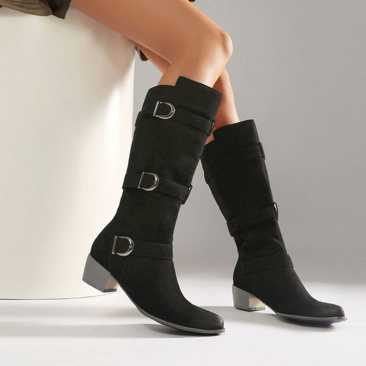 Overknee-Stiefel Damen aus Velours mit Schnalle, Blockabsatz – Winter