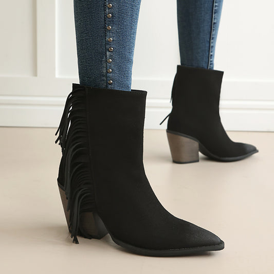 Western Ankle Boots Damen mit Fransen, spitze Zehenpartie, Blockabsatz