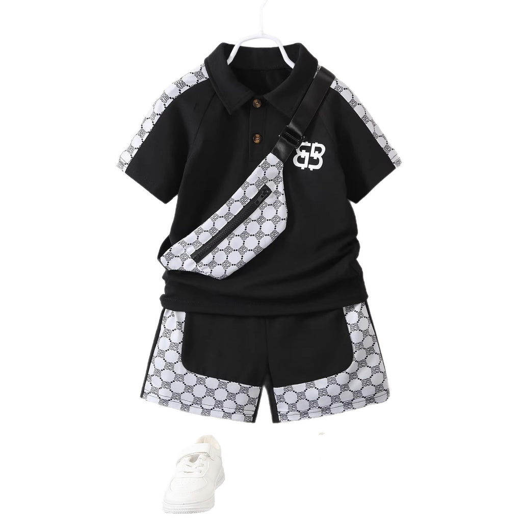 polo shirt short sleeve set,printed three-piece set