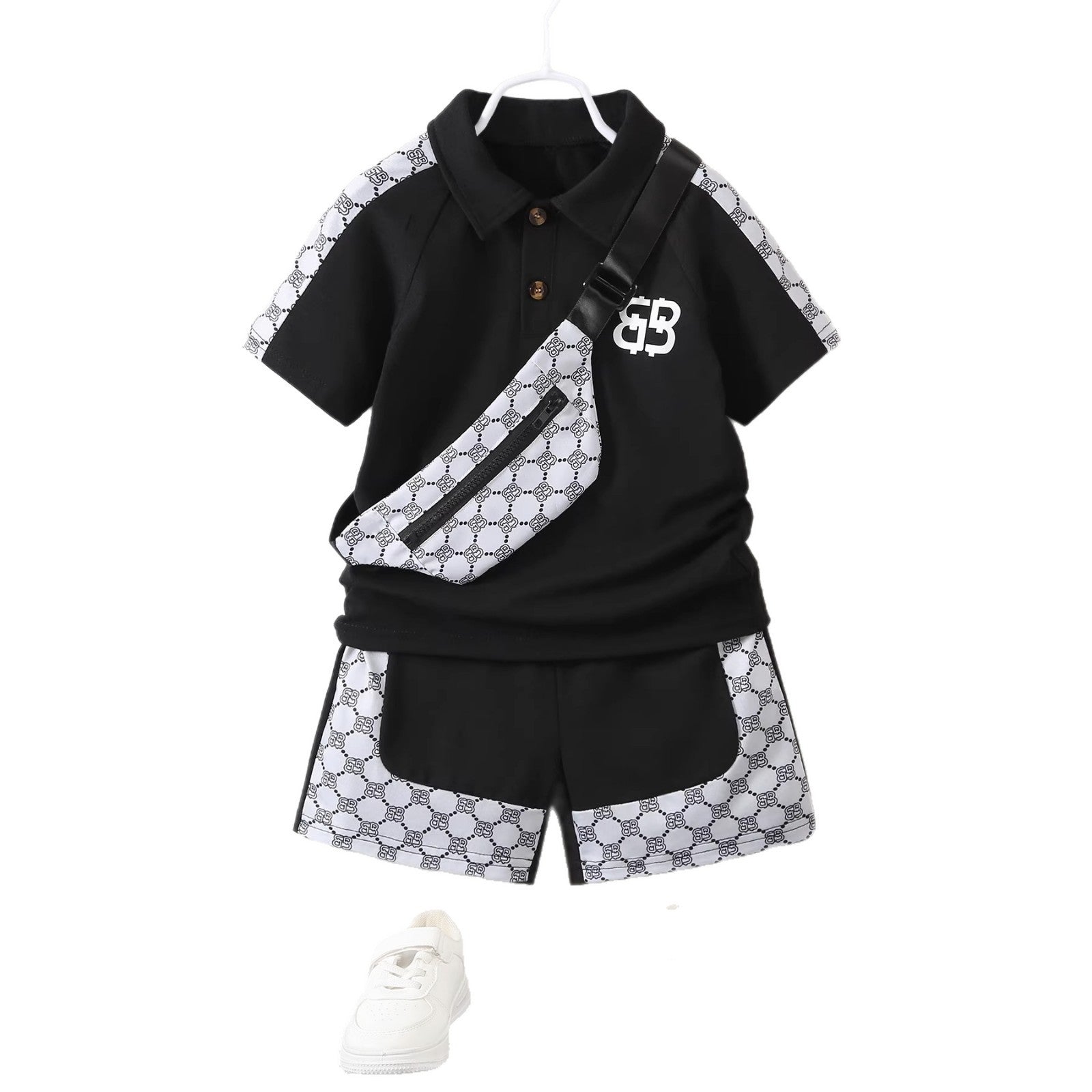 polo shirt short sleeve set,printed three-piece set