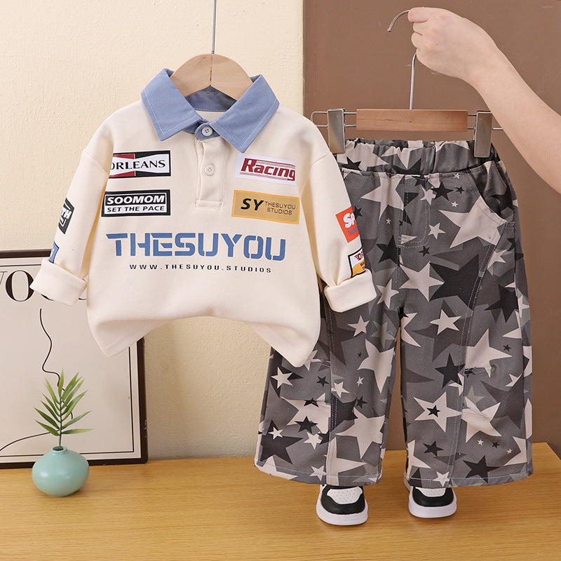 Baby boy casual long sleeved polo shirt two-piece set