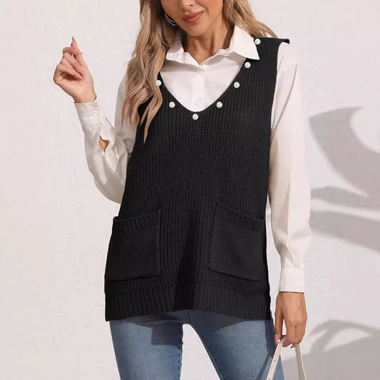 Damen-Weste mit Doppeltasche, Patchwork, V-Ausschnitt, ärmellos mit Perlenbesatz